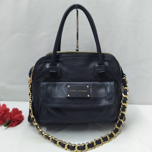 Marc Jacobs Black Leather Pocket Chain Strap Double Handle Satchel Shoulder Bag - Picture 1 of 16